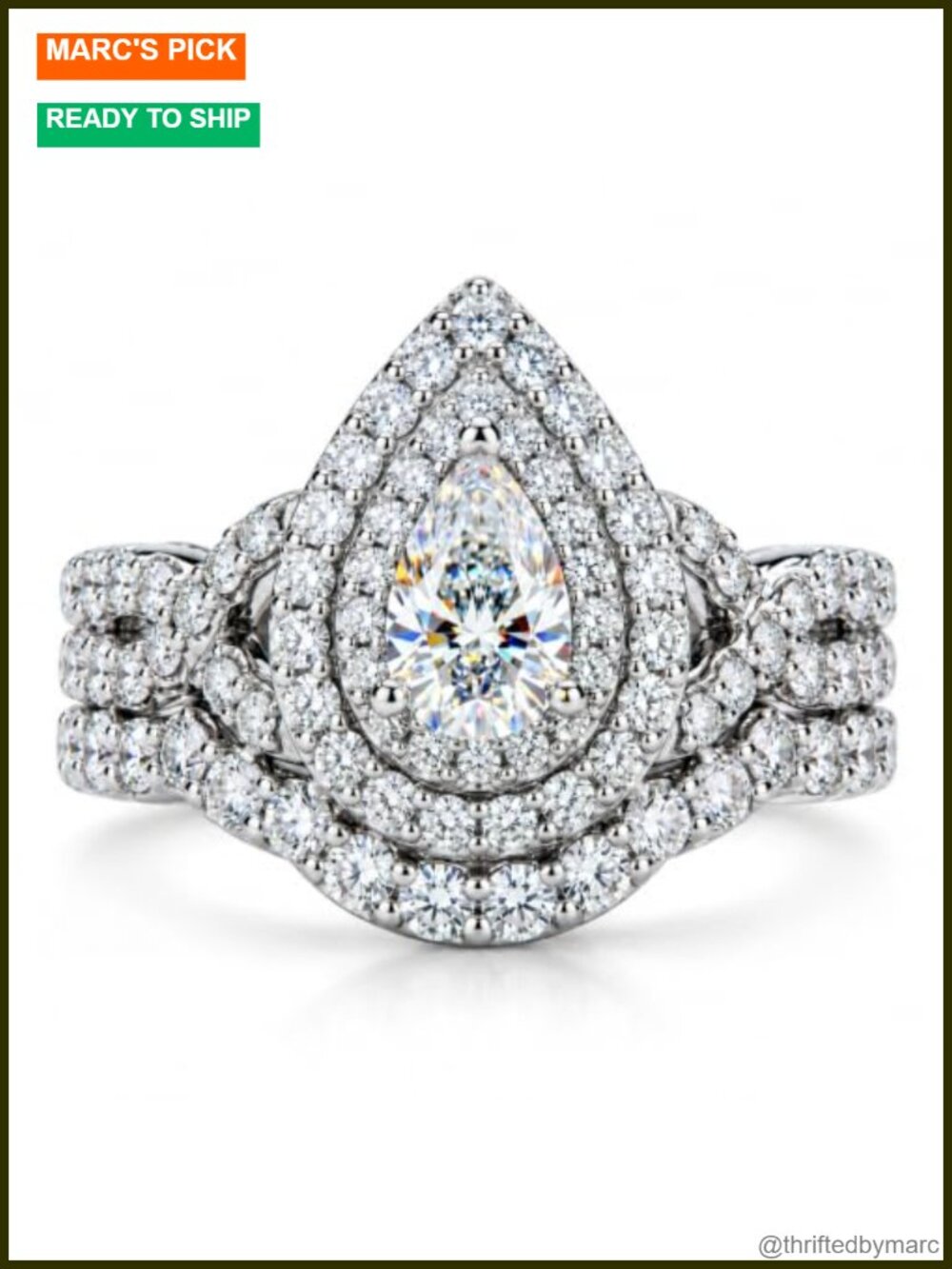 Pear Cut Moissanite Halo Bridal Ring Set Sterling Silver